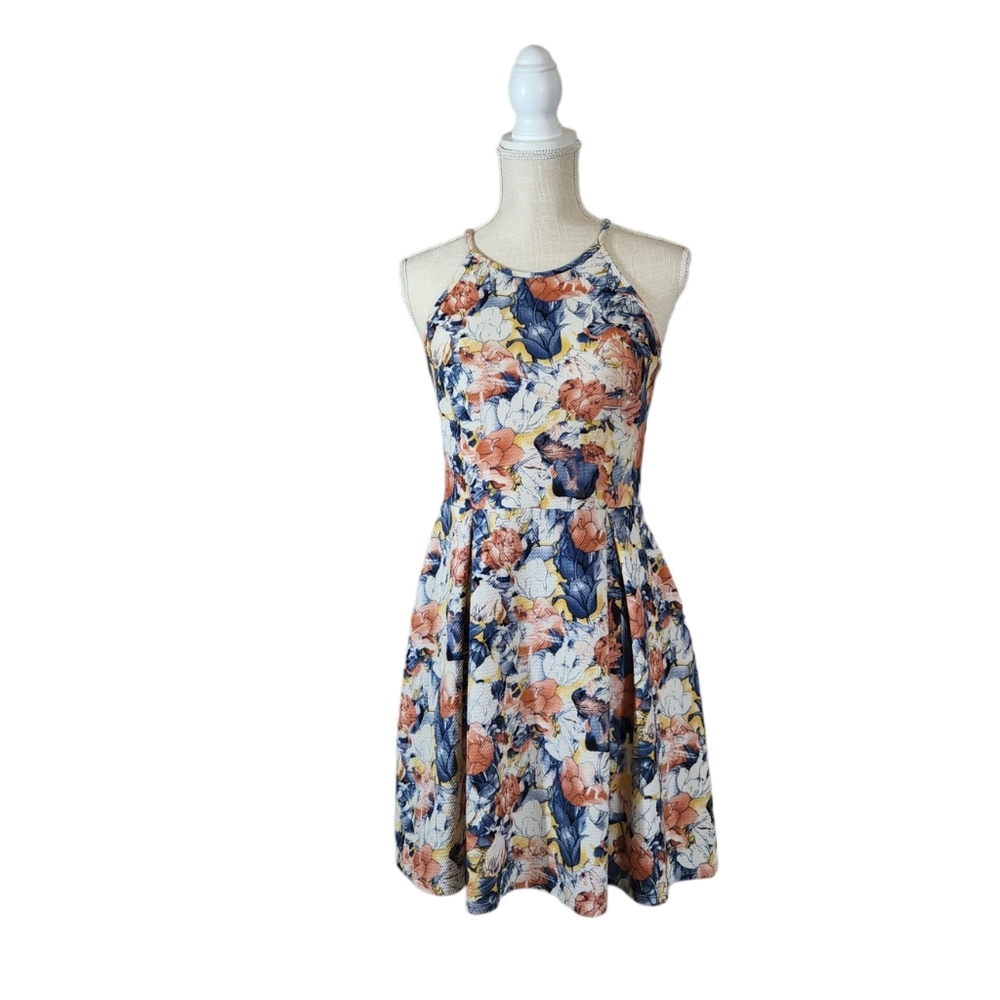 Soprano Sleeveless A-Line Fit and Flare Dress - Floral Blue Pink Yellow - Medium